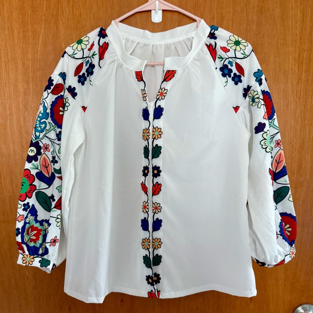 Bohemian NWOT Floral Embroidered blouse, L, P2P 20” - Picture 2 of 7
